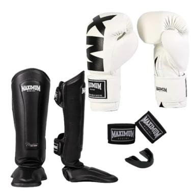 Imagem de Kit Luva de Boxe MXM Branca + Caneleira Muay Thai Classic Preta + Bandagem 3m + Protetor Bucal - Maximum (LUVA 14oz + CANELEIRA G)