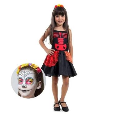 Imagem de Fantasia de Halloween Infantil Caveira Mexicana Com Maquiagem G 9-12
