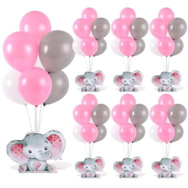 Imagem de 6 conjuntos de kit de suporte de balão de chá de bebê de elefante para mesas de elefante com balão, decoração de festa para meninas, decoração de mesa 3D para festa infantil, chá de bebê, adereços de