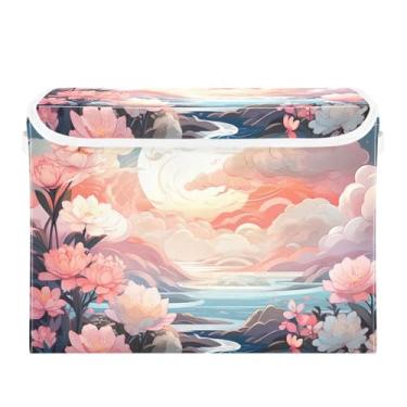Imagem de Wassud Cestos de armazenamento dobráveis com tampas, céu rosa, nuvens brancas, cestos organizadores de tecido dobrável para armário, casa e decoração sazonal 41,5 x 32,5 x 39,5 cm x 28 cm