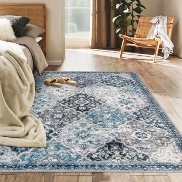 Imagem de KILOCOCO Tapete marroquino 10 x 15 cm lavável para sala de estar, tapete floral vintage, antiderrapante, estampa de lã sintética, tapete de entrada, tapete de cozinha para lavanderia, sala de jogos,