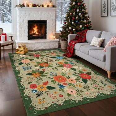 Imagem de GarveeHome Tapete floral Boho 12 x 18 cm, antiderrapante, lavável à máquina, tapetes grandes para sala de estar, quarto, casa de fazenda, sala de jantar, sala de jogos infantil, verde claro