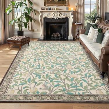 Imagem de GarveeHome Tapetes Boho Leaf para quarto, 12 x 18 cm, para sala de estar, com pelo baixo macio, antiderrapante, botânico, pássaro, 12 x 17 cm, lavável para jantar, resistente a manchas, tapete bege