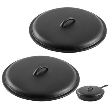 Imagem de Blulu Tampa de ferro fundido com 2 peças, tampa de ferro fundido pré-temperada de 12,2 polegadas com alça para a maioria das frigideiras de 30,5 cm, uso interno/externo, forno, fogo, churrasco