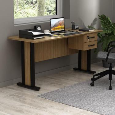 Imagem de Mesa de Escritório 160cm com 2 Gavetas e Chave MDP Amêndoa/Preto Tecno