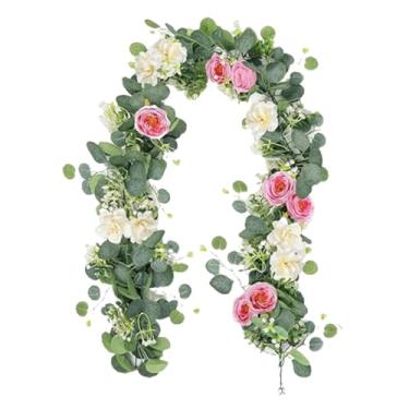 Imagem de WeiLaiKeQi Guirlanda de trepadeiras artificiais multifuncional, arranjo floral para fundo de parede, planta suspensa para lareira, casamento, festa e casa, Rosa E Branco