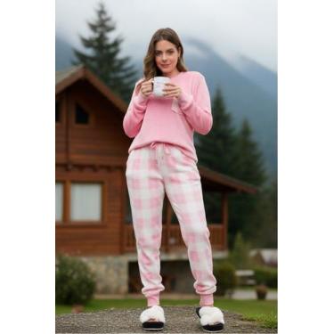 Imagem de Pijama Feminino Fleece Pelúcia Longo Xadrez Rosa - Pink Dream, G