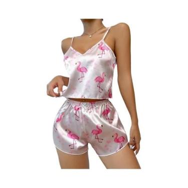 Imagem de Conjunto De Pijama Sexy Feminino Com Decote Em V Em Cetim, Estampa De 