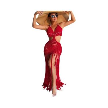 Imagem de Saída De Praia Feminina Multicolorida De Crochê Com Decote Halter Em V