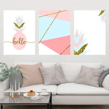 Imagem de Kit 3 Quadros Decorativos Abacaxi Rosa, Azul Geométrico