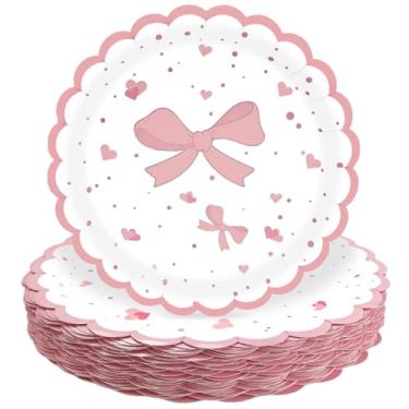 Imagem de HEIPINIUYE 50 peças de pratos de papel com laço rosa claro, pratos recortados rosa de 23 cm, prato de jantar descartável para chá de bebê, festa de aniversário, prato de sobremesa