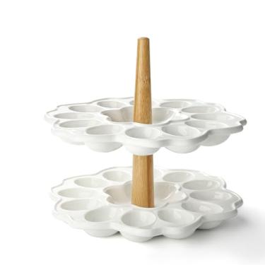 Imagem de Bandejas de cerâmica para ovos, bandeja de 2 camadas, bandeja para ovos, recipiente com 12 furos, suporte de ovos de cerâmica destacável para bancada de cozinha, festa