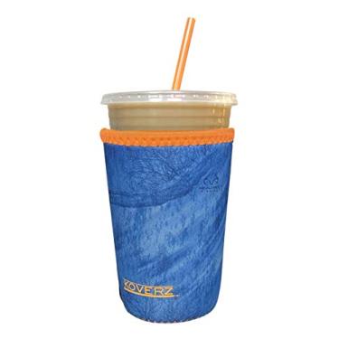 Imagem de Koverz Manga Java de café gelado de neoprene – Manga isolante para bebidas frias, suporte de copo de neoprene – Compatível com Starbucks e McDonald's Coffee – Medium Realtree Fishing Blue com laranja