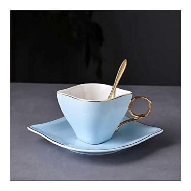 Imagem de Caneca de café expresso de cerâmica com pires e colher de aço 193 g, caneca artesanal exclusiva xícara de chá de flor, caneca novidade para mulheres avó mães caneca de café (cor: azul)