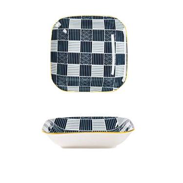 Imagem de Prato de serviço prato quadrado de café da manhã, prato de salada de sobremesa sob vidrado, prato de cerâmica à prova de calor para bife de macarrão, pratos de padrão sortido (cor: latão, tamanho: M)