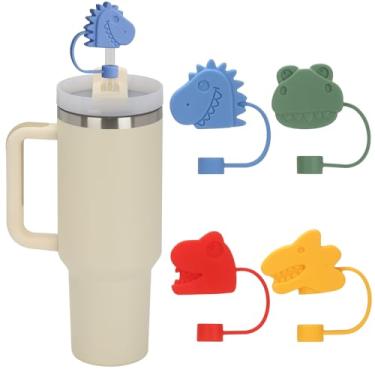 Imagem de CSITORWWE 4 peças de capa fofa de canudo de dinossauro, capa de canudo para Stanley copo de 30 e 1,134 g com alça, capa de canudo de 10 mm/0,4 pol, tampa de canudo reutilizável à prova de poeira