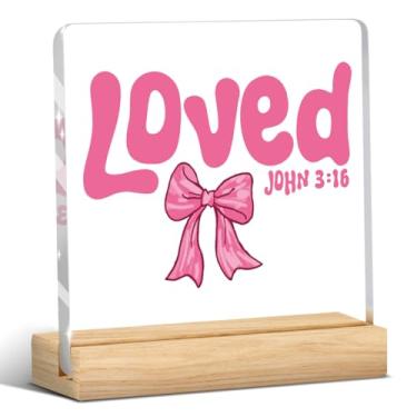 Imagem de Decorações de Dia dos Namorados, presentes de Dia dos Namorados para ela, presente para namorado, namorada, marido esposa, laço de amor rosa, placa de acrílico cristã com suporte de madeira, decoração