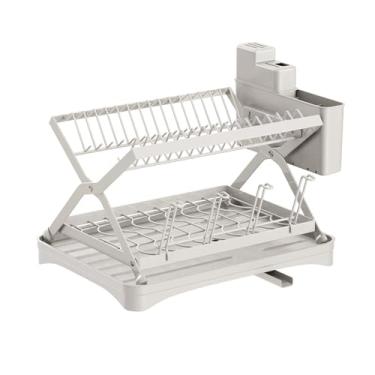 Imagem de BSNANCA Escorredor de louça de grande capacidade, escorredor de pratos à prova de ferrugem de 2 camadas com suporte de utensílios, escorredor de pratos dobrável para bancada de cozinha, economia de