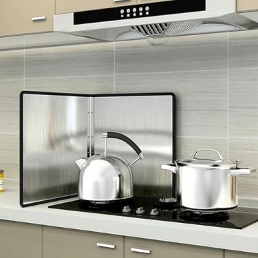 Imagem de HYUIO Tela contra respingos para frigideira, protetor contra respingos de aço inoxidável dobrável de 2 lados, protetor contra respingos de fogão para cozinha e cozinha (2 lados 45 x 50 cm)