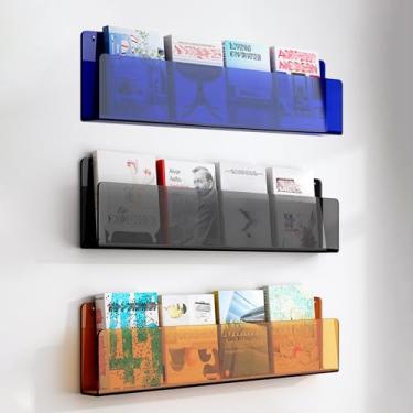 Imagem de Porta-revistas de acrílico montado na parede - Suporte de livro de café profundo de 3 peças para banheiro, escritório, escola e recepção - Organizador de suporte de exibição de literatura e brochura