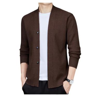 Imagem de Suéter masculino de malha de botão de cor sólida cardigã leve manga longa casual, Café, XXG