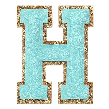 Imagem de 3 Pçs Chenille Letter Patches Ferro em Patches Glitter Varsity Letter Patches Bordado Bordado Borda Dourada Costurar em Patches para Vestuário Chapéu Camisa Bolsa (Azul, H)
