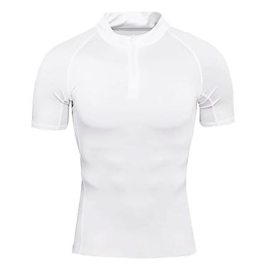 Imagem de Camiseta masculina atlética de manga curta gola alta elástica sólida camiseta de treino suave de secagem rápida, Branco, G