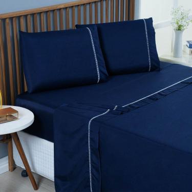 Imagem de Jogo De Lençol Bariloche Queen 4 Peças Micro Percal 400 Fios Ponto Palito Liso - Azul Marinho