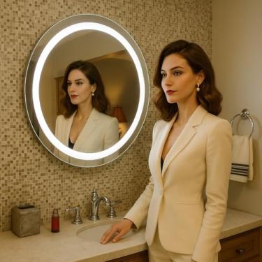 Imagem de Espelho Led 3 cores frio neutro e quente redondo 80cm banheiro tecla touch toque luz frontal grande iluminado 80x80