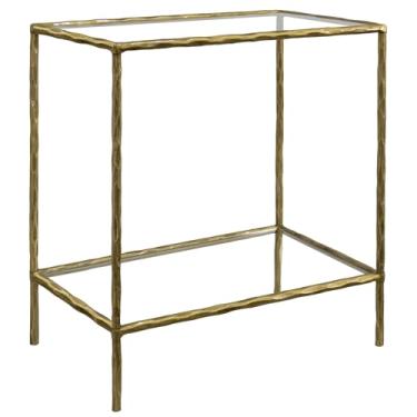 Imagem de Mesa lateral forjada à mão, 2 camadas, mesa de centro vintage com tampo de vidro, mesa de destaque com moldura sólida martelada, adequada para sala de estar, quarto, sala de estudo, entrada (ouro