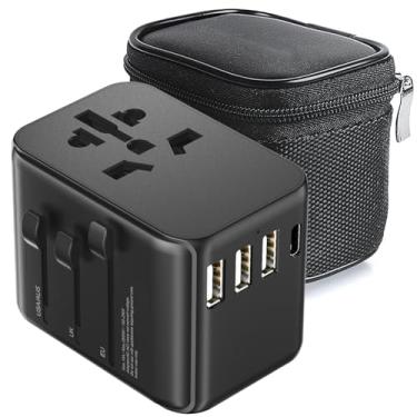 Imagem de Adaptador de viagem universal 5 em 1, adaptador de alimentação internacional, 1 tomada CA e 4 portas de carregamento USB (1 USB-C), adaptador de viagem em todo o mundo, mini adaptador de tomada de