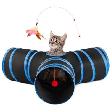 Imagem de Love's cabin Túneis para gatos em ambientes internos, brinquedos dobráveis de 3 vias, túnel de brincar para animais de estimação com orifício de espiada, bola de brinquedo para gatinho, coelho, preto