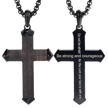 Imagem de GTMJ Colar masculino de cruz com corrente preta, pingente de madeira e metal, Medium, Aço inoxidável, Sem Pedra Preciosa