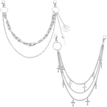 Imagem de 2 peças de corrente de bolso em camadas para calças com pingente de cruz para homens chaveiros hip hop punk acessórios góticos presente para feliz Natal