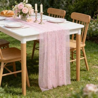 Imagem de Caminho de mesa de malha de coração de veludo rosa, corredor pastel de gaze, decoração de mesa de festa, decoração de jantar para casamento, aniversário, chá de bebê, Natal, dia dos namorados
