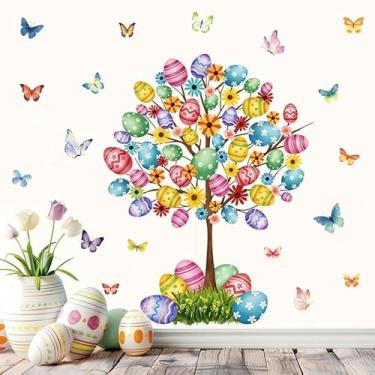 Imagem de Adesivos coloridos de janela de árvore de Páscoa de 89 cm, decoração de primavera com flores, borboletas, ovos, decalques grandes para parede de porta de vidro, decoração de casa de férias de Páscoa