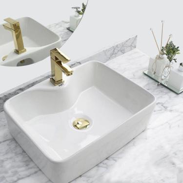 Imagem de Kit Cuba Pia Louça Cerâmica Banheiro C/ Torn e Vál Dourada 5