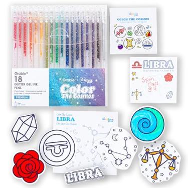 Imagem de A Brighter Year Pacote de cores grandes The Cosmos Libra – Mini livro de colorir adulto (7,6 cm x 7,6 cm - 50 páginas), post-it (127 cm x 7,6 cm x 3"), adesivos e canetas de gel - alívio do estresse,
