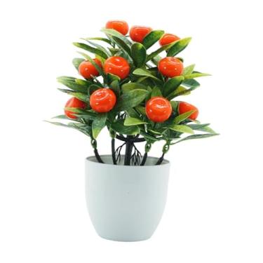 Imagem de WeiLaiKeQi Árvore frutífera falsa plantas de frutas artificiais bensai de mesa com panela branca flores falsas planta mini planta falsa para janela, Laranja