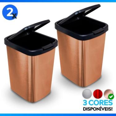 Imagem de Kit 2 Lixeira 9L Metalizado c/ Tampa Click Banheiro Cozinha - Arqplast