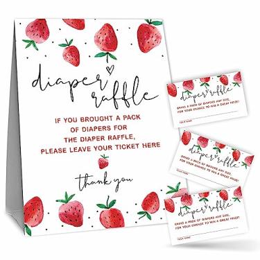 Imagem de Kit de jogo de sorteio de fraldas (1 placa de pé + 50 ingressos) para chá de bebê - Morango, tema de frutas, revelação de gênero, suprimentos e decoração de festa de anúncio de bebê - B08