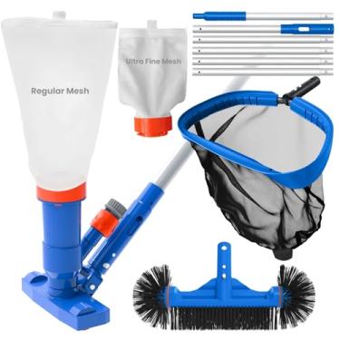 Imagem de Poolvio Kit de limpeza de piscina com aspirador de pó Spa Jet, haste de 2,5 m, rede de ancinho de folhas e escova redonda para piscinas infláveis e acima do solo