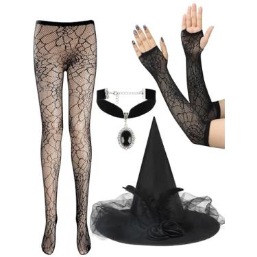Imagem de Conjunto de 4 peças de fantasias de bruxa de Halloween, fantasia feminina de bruxa com chapéu de bruxa preto, luvas de teia de aranha, meias arrastão e collants com pingente, gargantilha gótica