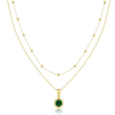 Imagem de Jewanfix Colar em camadas banhado a ouro 14K feminino diamante esmeralda colar de pedra do mês de nascimento colar de ouro delicado colar rosa azul-petróleo cubo zircônia pingente colar joia feminina