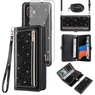 Imagem de Asuwish Capa carteira compatível com Samsung Galaxy XCover 6 Pro/X Cover Pro 2 e protetor de tela de vidro temperado com glitter, zíper e porta-cartões, capas para celular para XCover6 6Pro 2022 preta