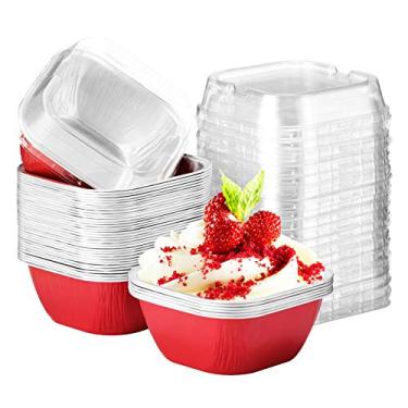 Imagem de Copos de alumínio para assar, EUSOAR 227 g, 50 peças, copos de cupcake reutilizáveis com tampas, ramequins de torta de 8,9 x 6,9 x 4,1 cm, copos de creme brulee, copos de pudim de bolo de creme