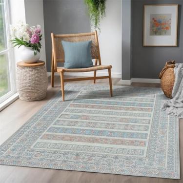 Imagem de ESSMOKO Tapete para sala de estar estilo turco, tapete retrô, estilo étnico, tapete para quarto e sala de jantar, padrão azul retrô, 60 x 90 cm