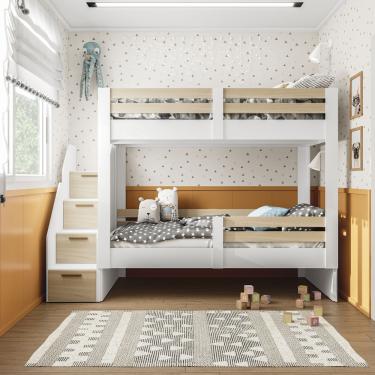 Imagem de Beliche Juvenil com Escada Jade Mobikasa e Colchão Gazin - Branco/Legno Salinas/Marrom