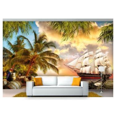 Imagem de Papel De Parede Paisagem Praia Navio Pirata  Dah30 - Você Decora