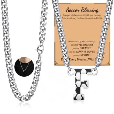 Imagem de NUKAYAI Colar de futebol com letra A a Z para homens, pingente de pingente de aço inoxidável, corrente de prata, acessórios de joias, material de 50,8 cm, colares personalizados, presentes de futebol